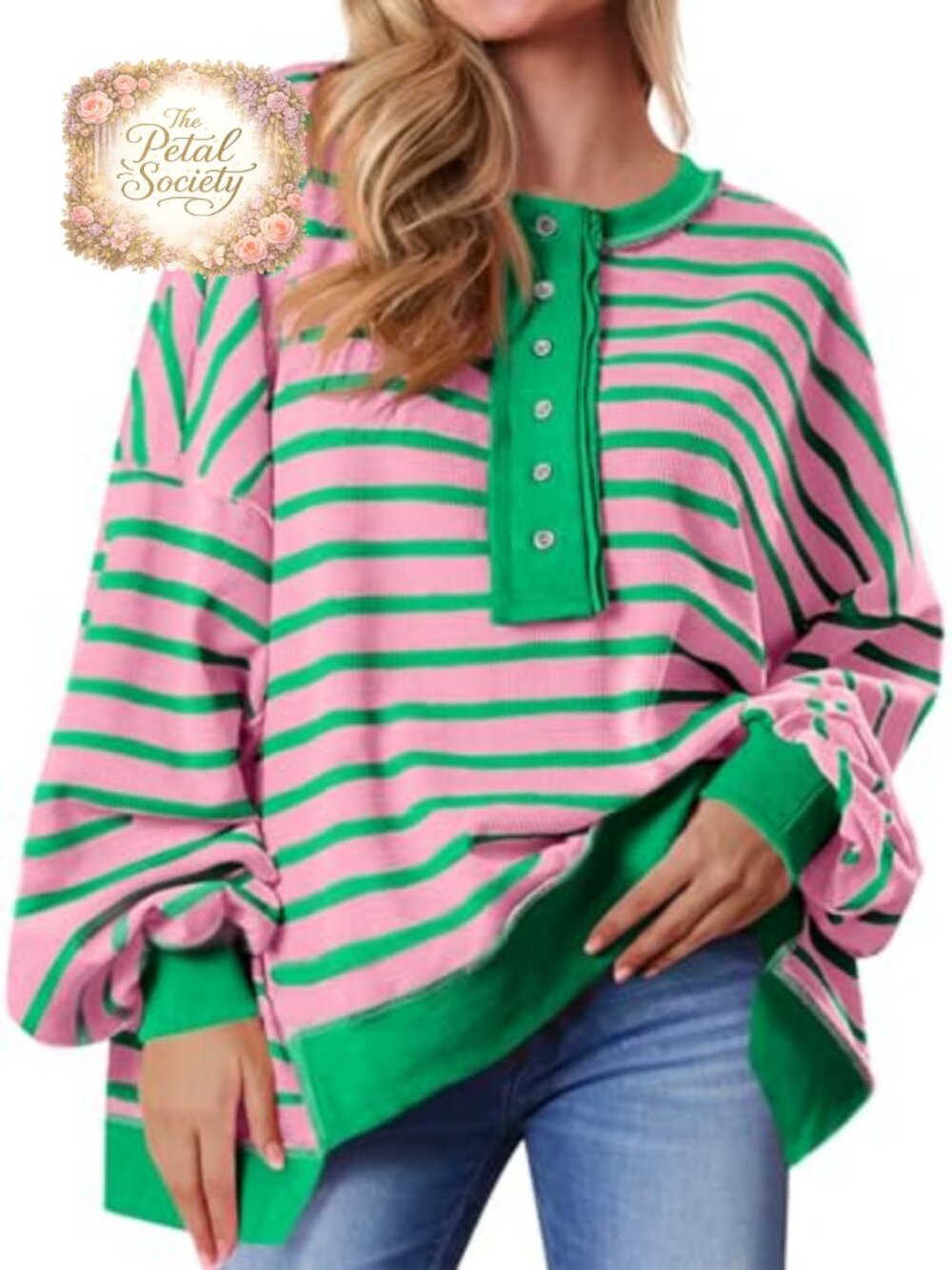 Oversized Waffle Knit Sweatshirt Color Block Henley Pullover Women